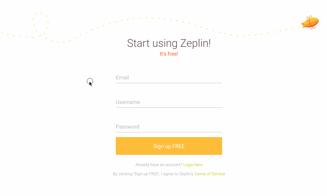 Mit E-Mail Adresse, Benutzername und Passwort registrierst du dich bei Zeplin